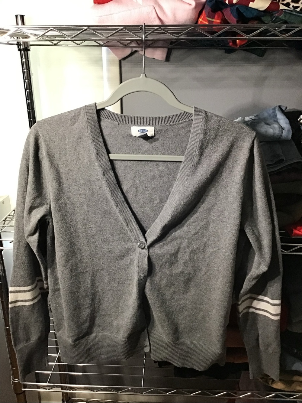 Old Navy Gray Women's V-Neck Cardigan with White Sleeve Stripes